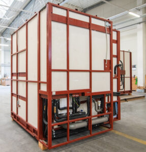 Prefabricated bathroom pod with complete installation on a steel frame in the Domczar hall.