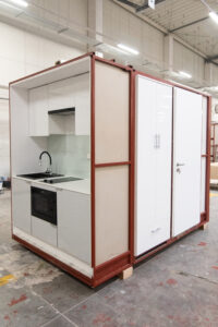 Prefabricated module with a kitchenette on a steel frame — view in the Domczar hall.